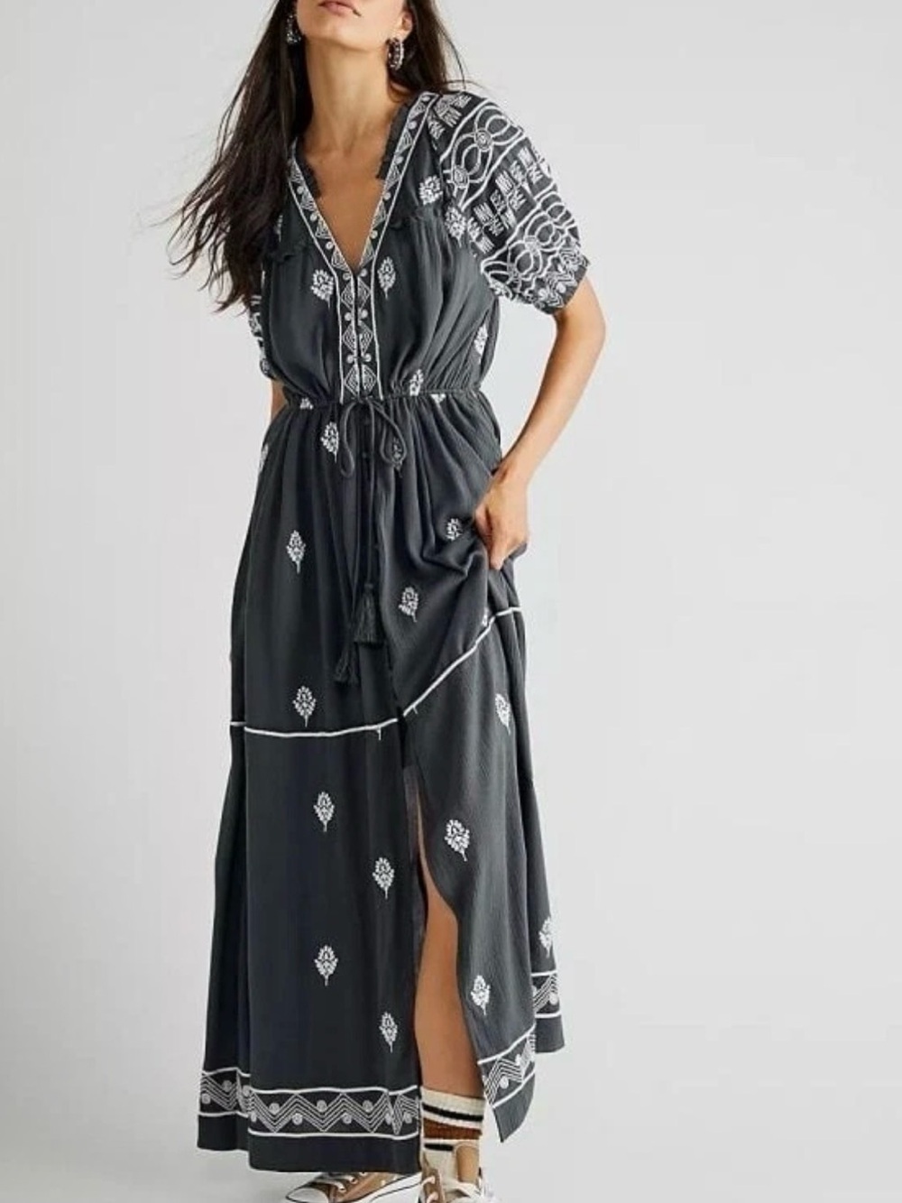 Free People Riley Embroidered Short Sleeve maxi Dress / Grey Size XS $188